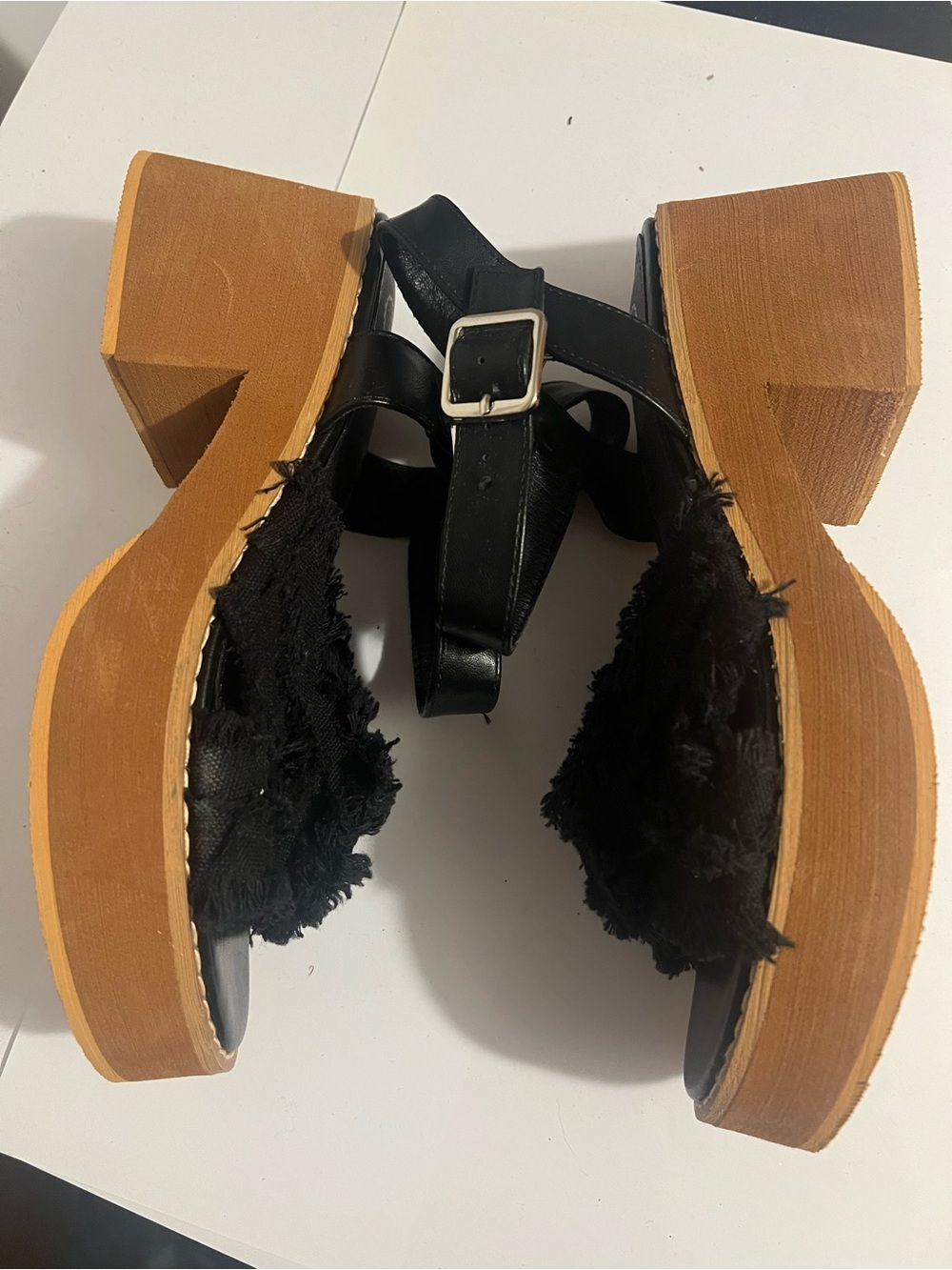 Black Fabric Strap Platform Sandals with Brown Wood-Effect Heel - Picture 5 of 8